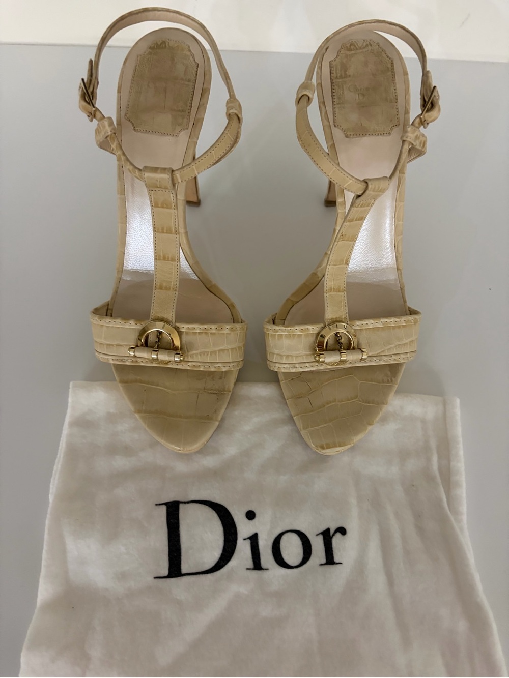 Dior Cream Croc-Embossed T-Strap Heels with Gold Buckle